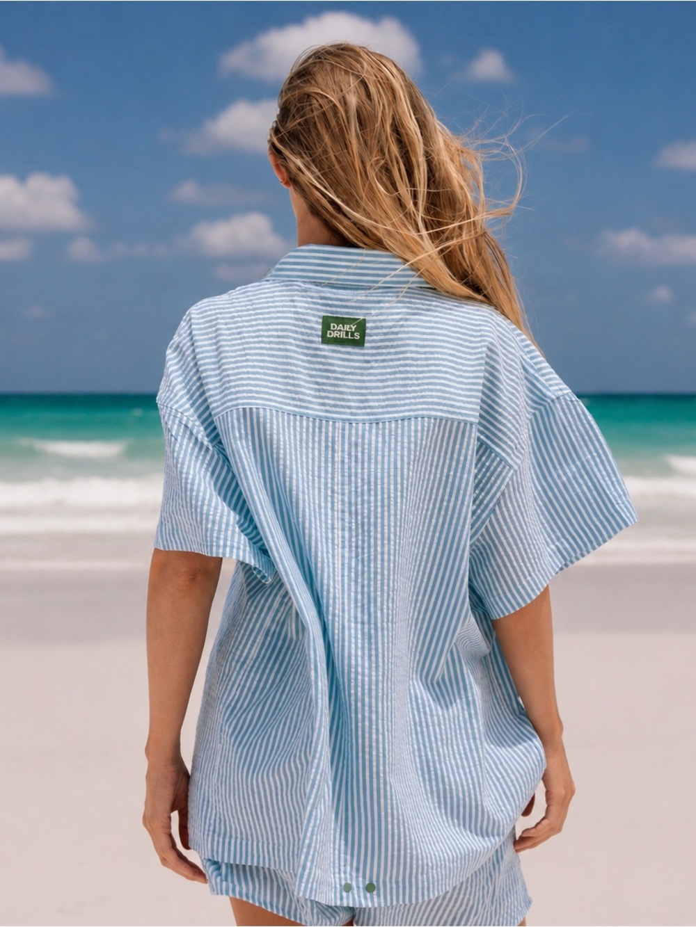 Daily Drills Seersucker Stripe Oversized Boxy Shirt Small Blue White 100% Cotton - Picture 3 of 9